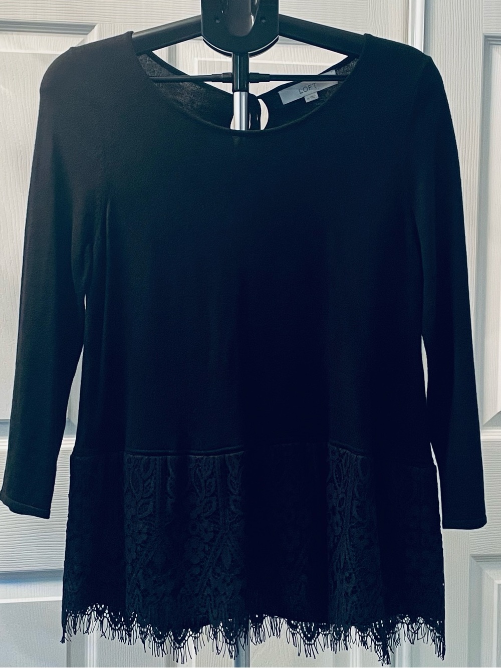LOFT Black 3/4 Sleeve Lace-Hem Sweater